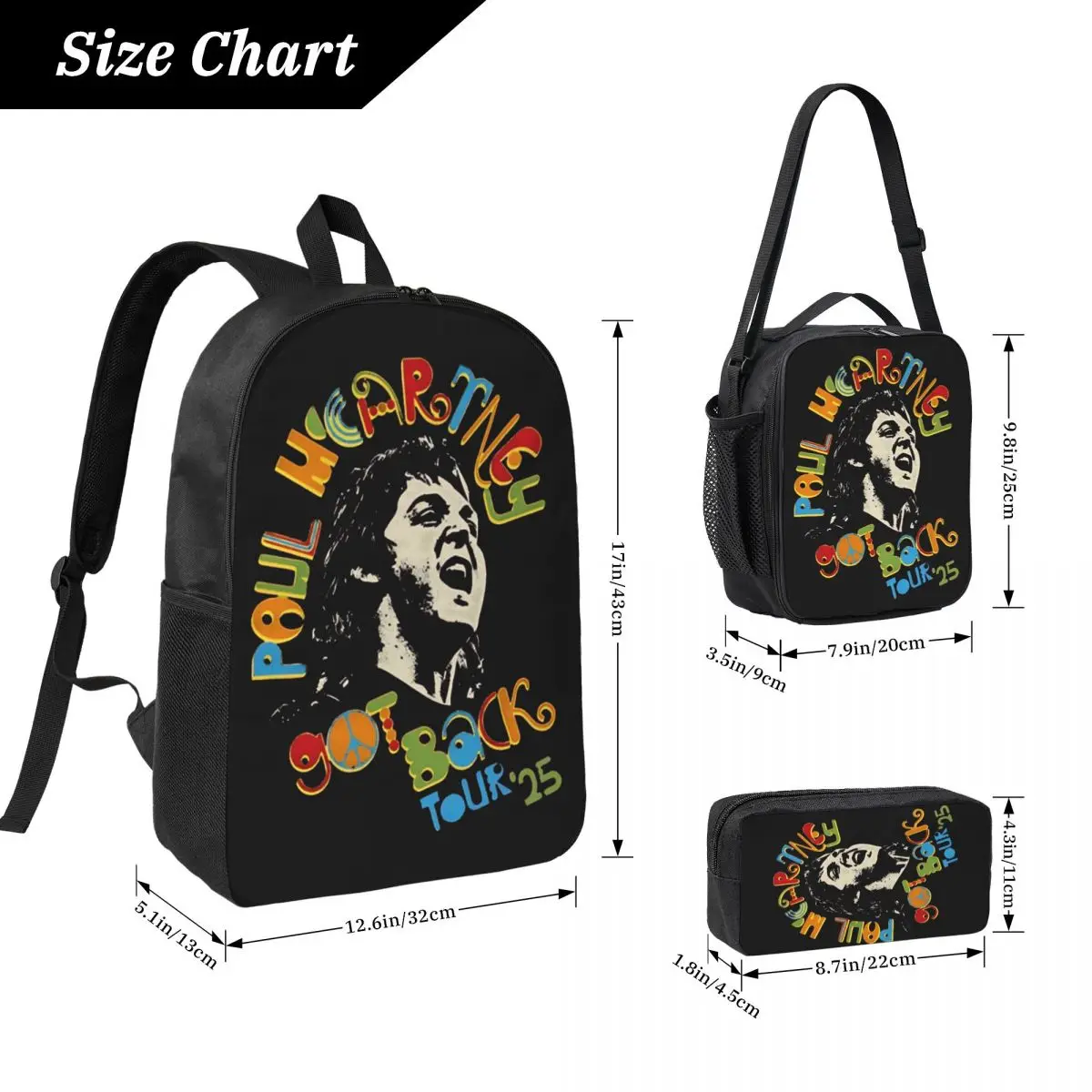 Paul McCartney Got Back Tour 2025 Backpack Set for Boy Girl Pencil Boxes Bookbag Sets with Lunch Box For School Students Daypack