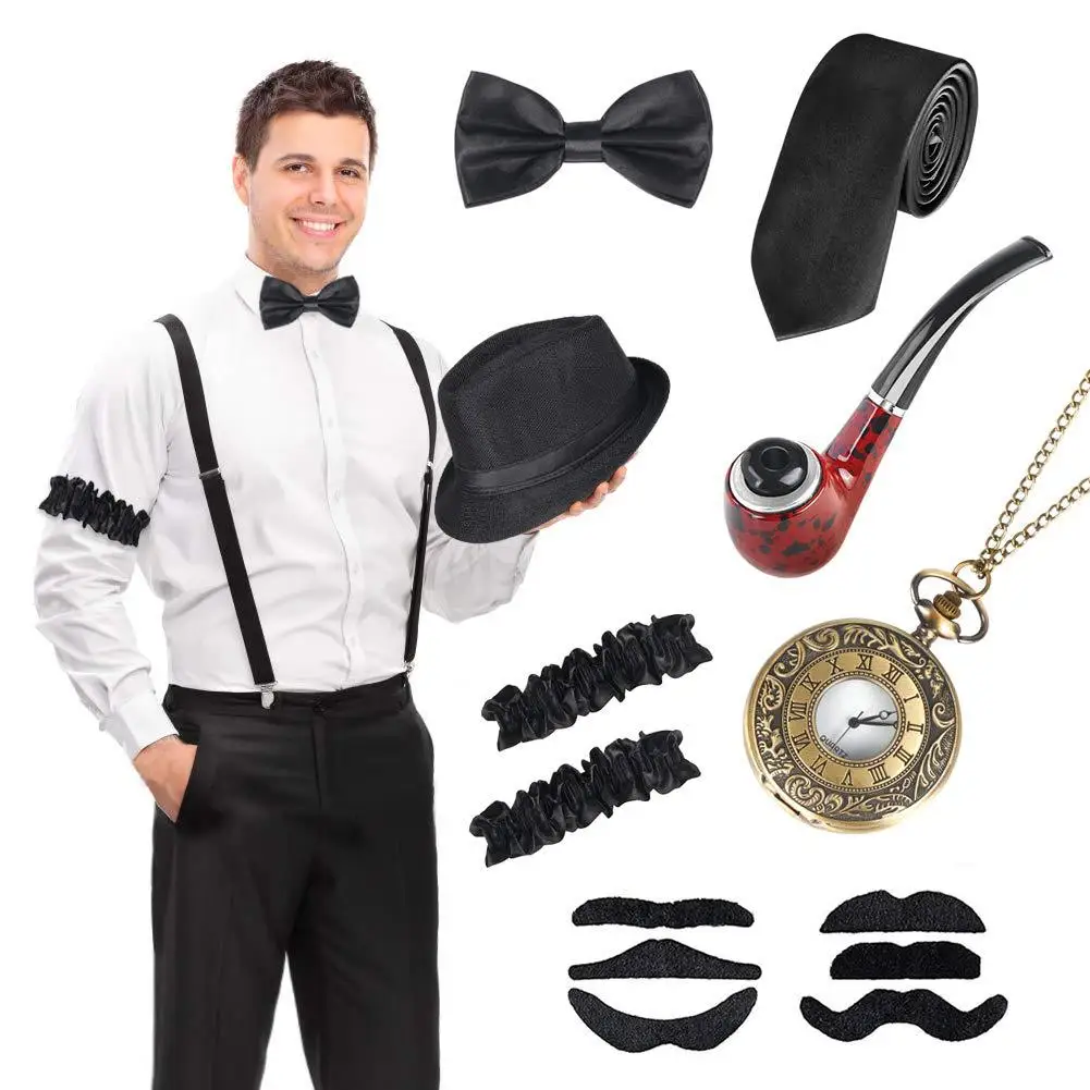 1920s Men's Ball Party Top Hat Gangster Bandit Dress Up Black Top Hat Vintage Pocket Watch Fake Cigar Strap Great Gatsby