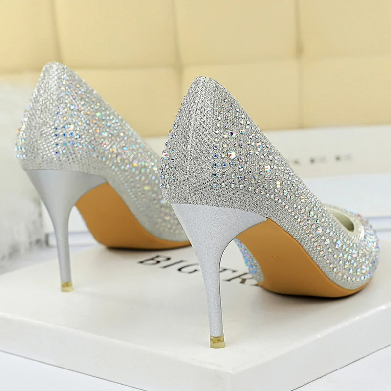 حجم كبير 43 النساء مضخات موضة أحذية الزفاف حجر الراين بريق العروس عالية الكعب خنجر 7 سنتيمتر 10 سنتيمتر الفاخرة مضخات أحذية الحفلات #5
