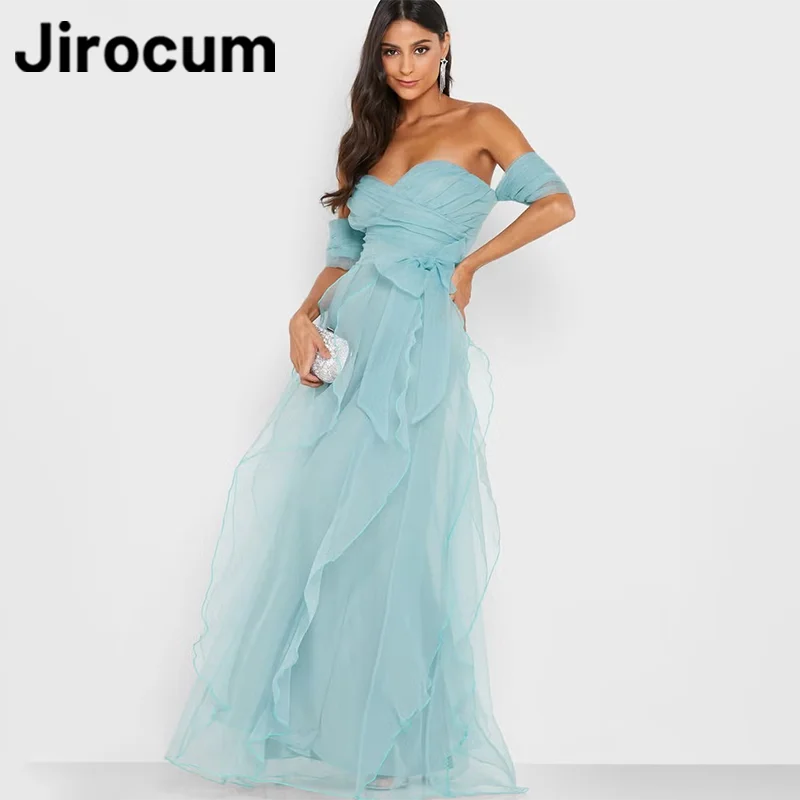 

Jirocum Elegant Off Shoulder Prom Gown Women's A-line Sheer Bow Party Evening Gowns Floor Length 2024 New Formal Occasion Dress