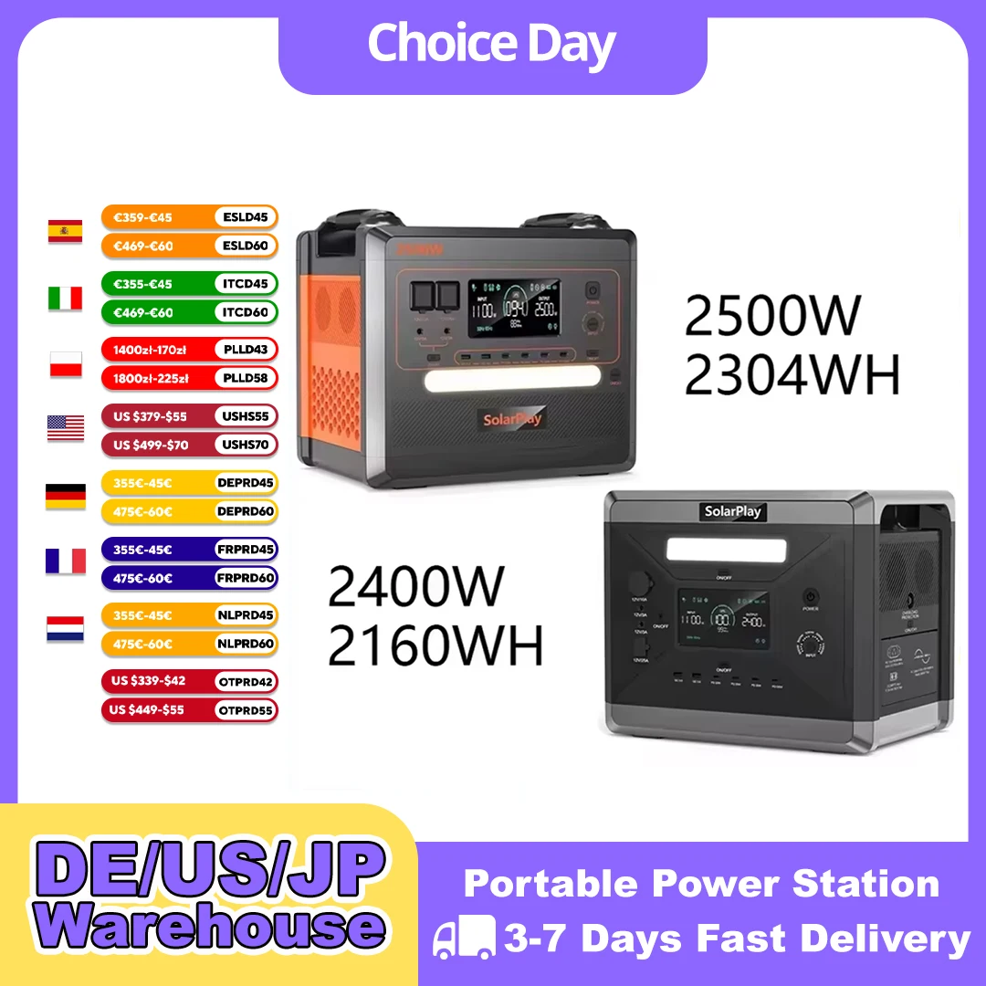 SOLARPLA Camping Tragbares Kraftwerk 2400 W/2500 W Lifepo4-Batterie 220 V 110 V AC-Steckdosen Strom Notfall-Backup für Zuhause im Freien