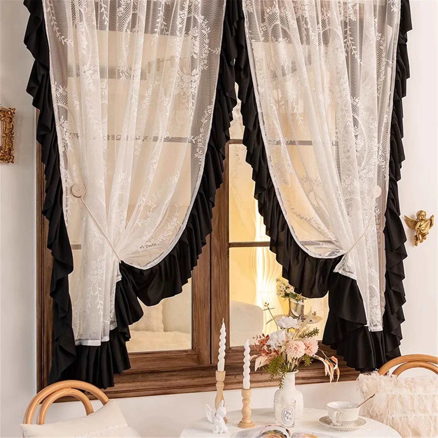 French Style White Ruffle Window Curtains Tulle Lace Curtain Light Filtering Rod Pocket Sheer Drapes Voile For Living Room Decor