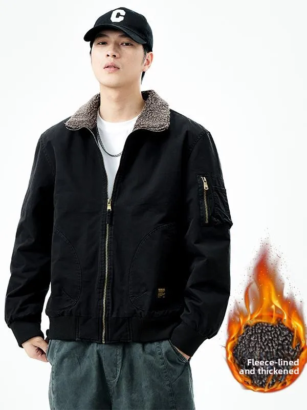 

High-End Fce-Lined Thiened Casual Lamb Velvet Jeans Jaet Men's Trendy Brand Loose Fit Workwear Collar Jaet