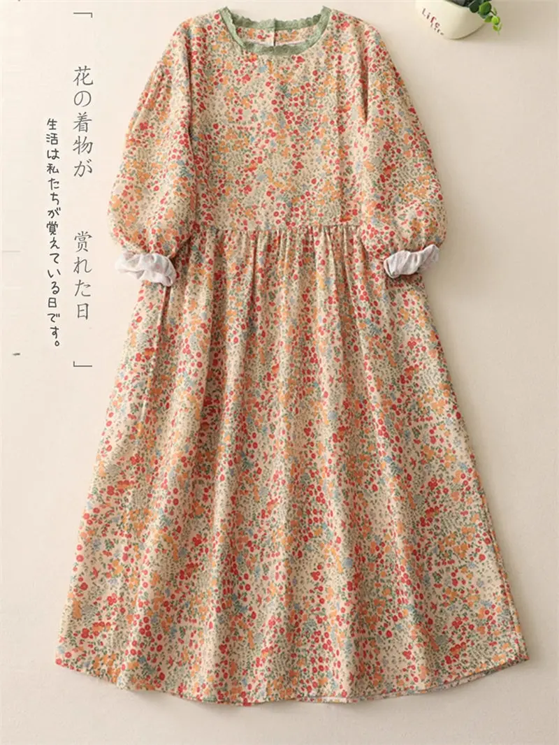 Vestido feminino estilo japonês primavera com gola de renda floral – vestido midi de manga comprida em camadas soltas de linho de algodão JJ958