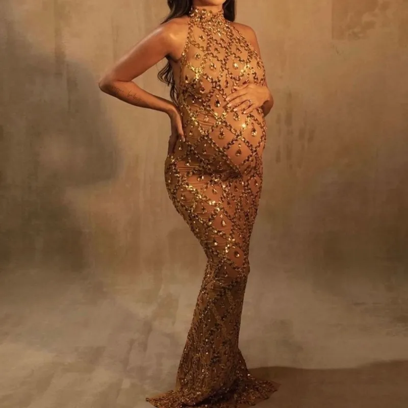 Sexy Maternity Photography Dress Perspective Rhinestone Turtleneck Dress Sleeveless Sequined Skinny Dress Baby Shower Dress