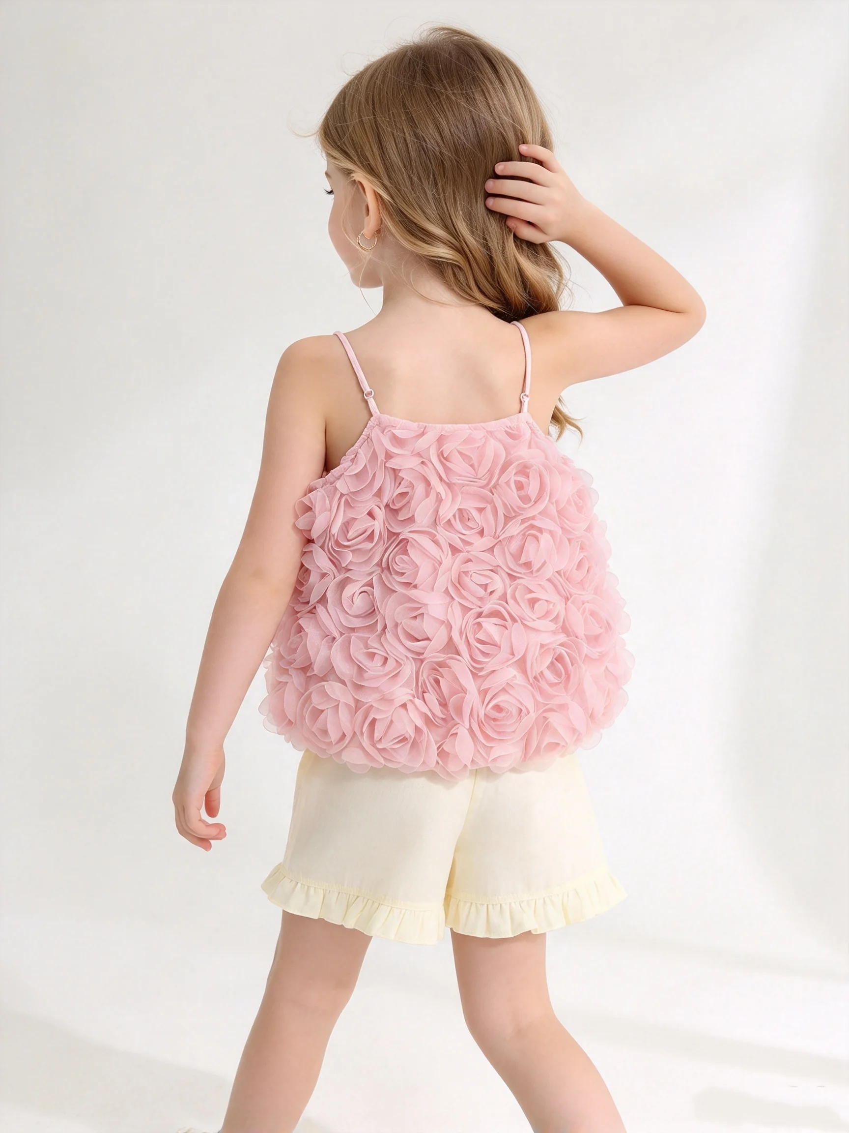 Two Piece Girls' Three-Dimensional Pink Rose Thin Shoulder Strap Short Suspender Top With Ruffle Edge Shorts Casual Set