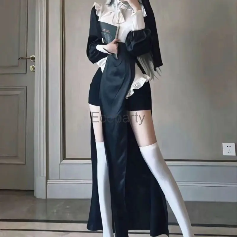 2024 Nun Cosplay Costume Women Fancy Dress Set Halloween Party Roleplay Outfit Adult Nun Dress Black Fancy Cosplay Dress Up