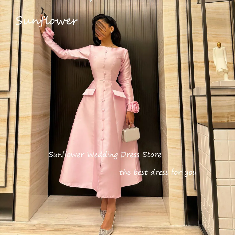 Sunflower Simple Pink O-Neck A-LINE Prom dress 2024 Slim Long Sleeve With 3D Flowers Satin Ankle-Length Formal Evening Dress