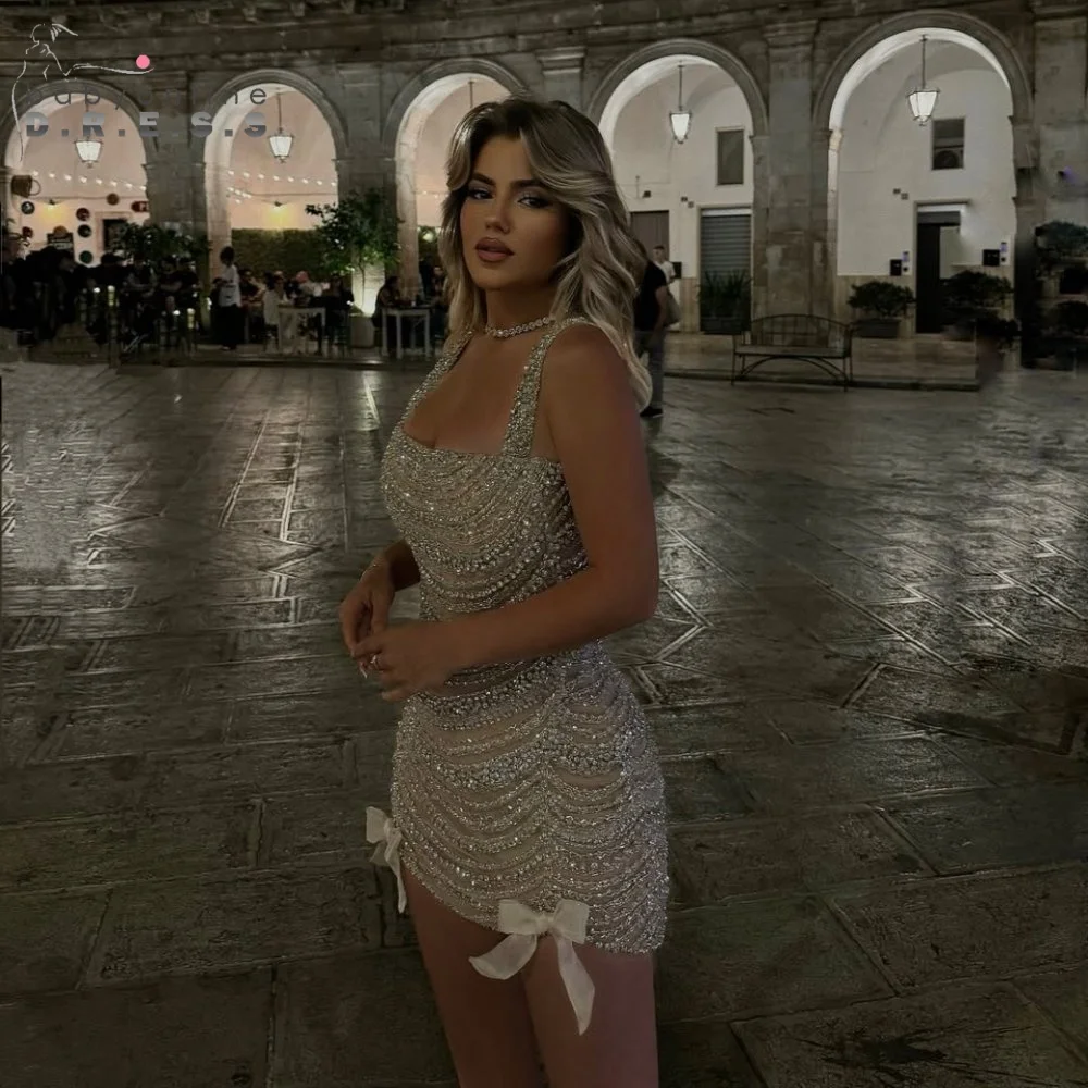 BABYONLINE Korte feestjurken voor dames Op maat gemaakte glanzende kralen spaghettibandjes A-lijn فسات Mohamed 1914 Sexy strandjurk