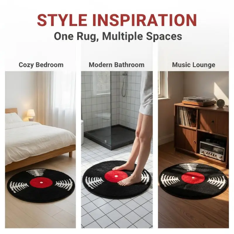 Vintage Vinyl Record Semicircle Doormat Music-Themed Non-Slip Absorbent Entryway Mat Washable Bathroom Rug Home Decor