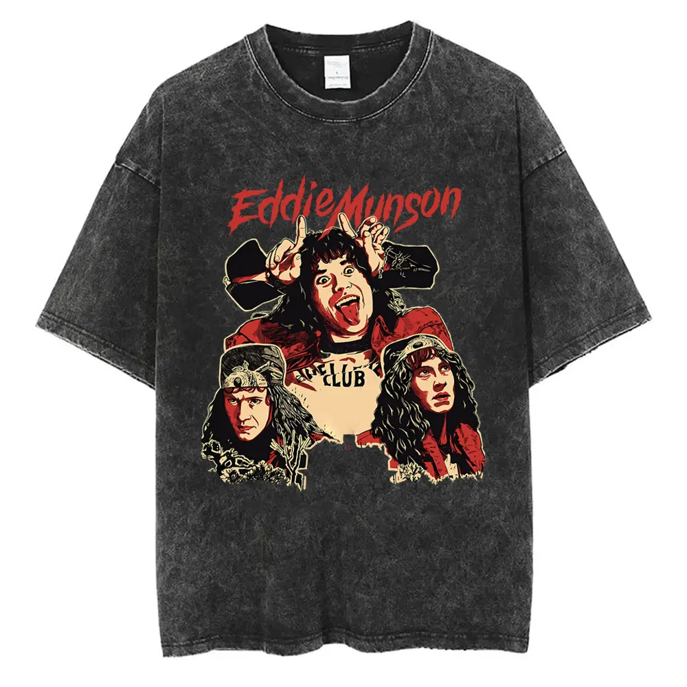 

Eddie Munson T Shirts Men Women Casual Oversized T-shirts Washed Vintage The Demogorgon Cannibal Flower Monster Graphic T-shirt