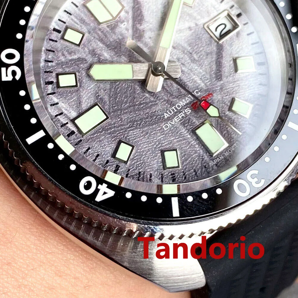 Tandorio 44mm Sapphire Glass 20ATM NH35A Diver Meteorite Pattern Automatic Men Watch Date Luminous Black Ceramic Bezel Date