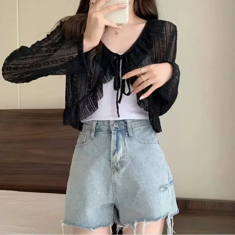 Women Lace Bow Ruffle Sun Protection Cardigan Summer Casual Loose Blouse Tops Y2K Korean Style Thin Cover Up Coat Female Shirt