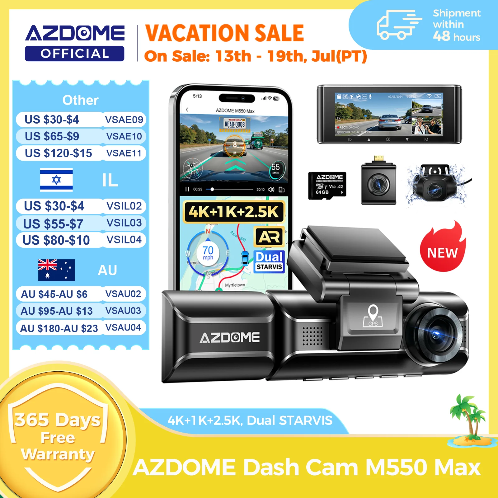 AZDOME M550 맥스 대시캠 4K+1K+2.5K 내장 GPS WiFi 150도 시야각 차량용 카메라 24시간 주차 모니터링 야간 시야 대시캠 title=AZDOME M550 맥스 대시캠 4K+1K+2.5K 내장 GPS WiFi 150도 시야각 차량용 카메라 24시간 주차 모니터링 야간 시야 대시캠