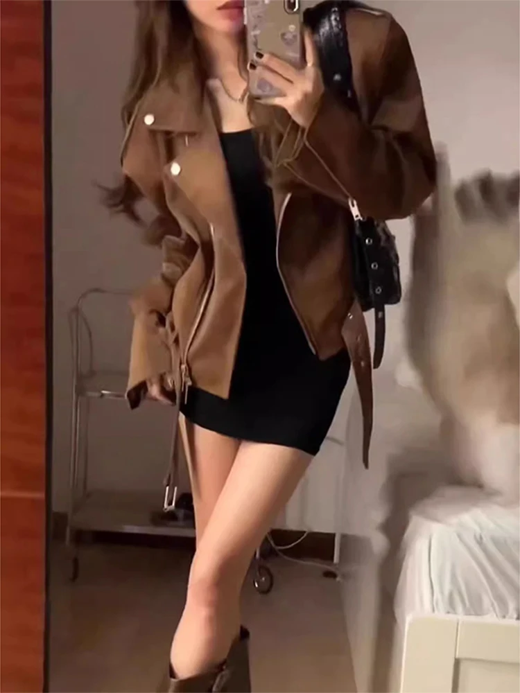 American Retro Brown Leather Jaet Women's Autumn 2025 Trendy Small Size Ele High-End Feel Motorcycle Biker Jaet