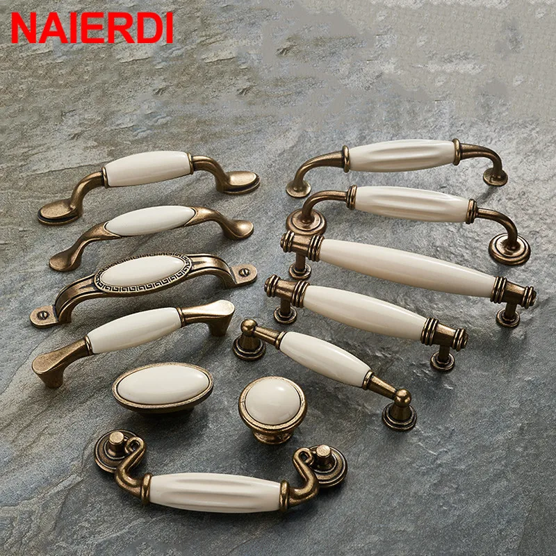 Naierdi liga de zinco antigo bronze cerâmica branco armário alças gaveta maçaneta da porta do guarda-roupa ferragens móveis europeus
