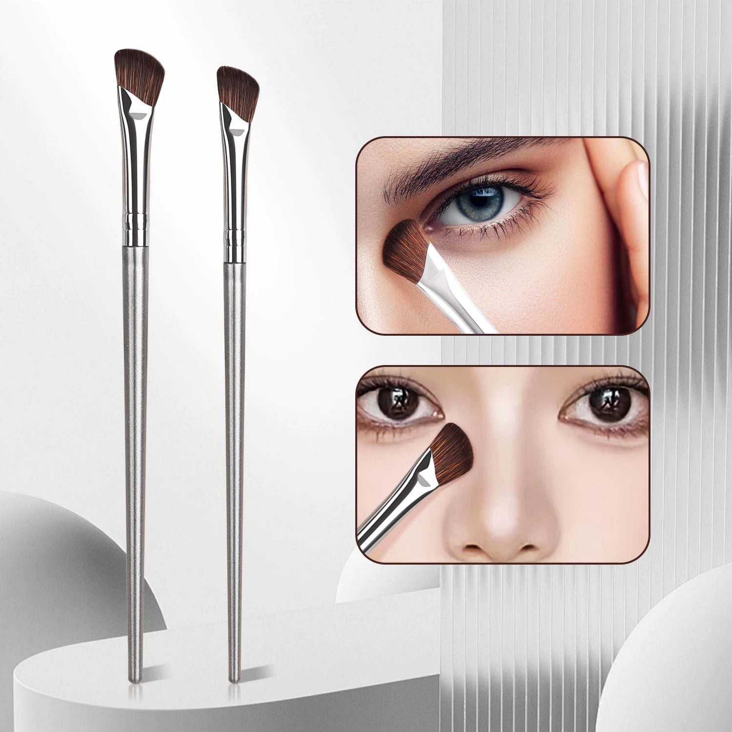2Pcs Silver Handle Angled Nose Shadow Brushes, Precision Contour Tools For Stage Travel Makeup Artists