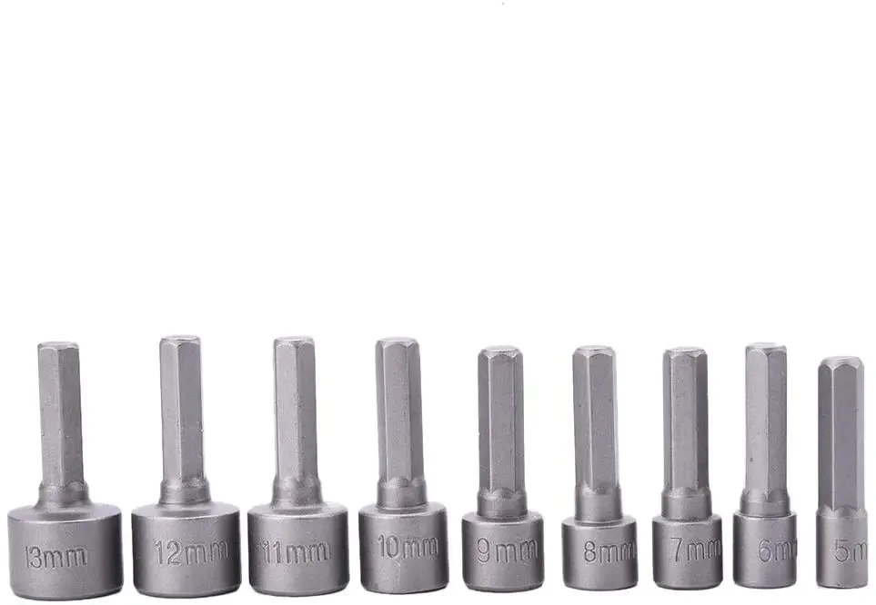 9pcs  Wrench 1/4" Screw Metric Driver Tool Set Adapter Drill Bit 5 To 13mm Hexagonal Shank Hex Nut Socket