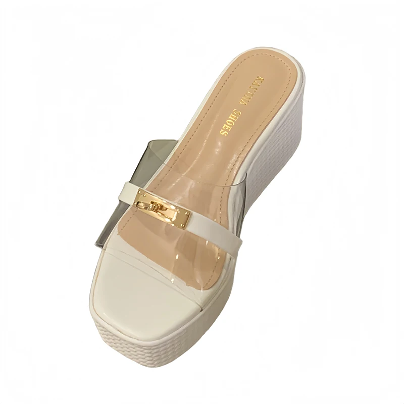 

8cm Heeled Slippers White Wedges Platform Sandals Woman PVC Metal Summer Heels Leisure Black Shoes Beige Sandales Femme