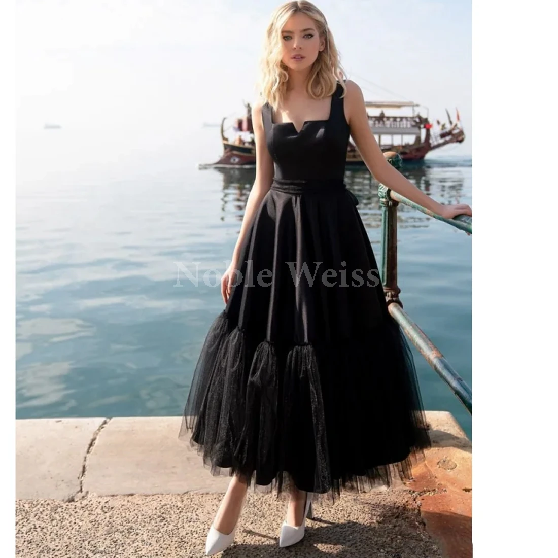 Women Square Collar Prom Dresses Tea Length Tulle Pleat Sleeveless Wedding Party Customize
