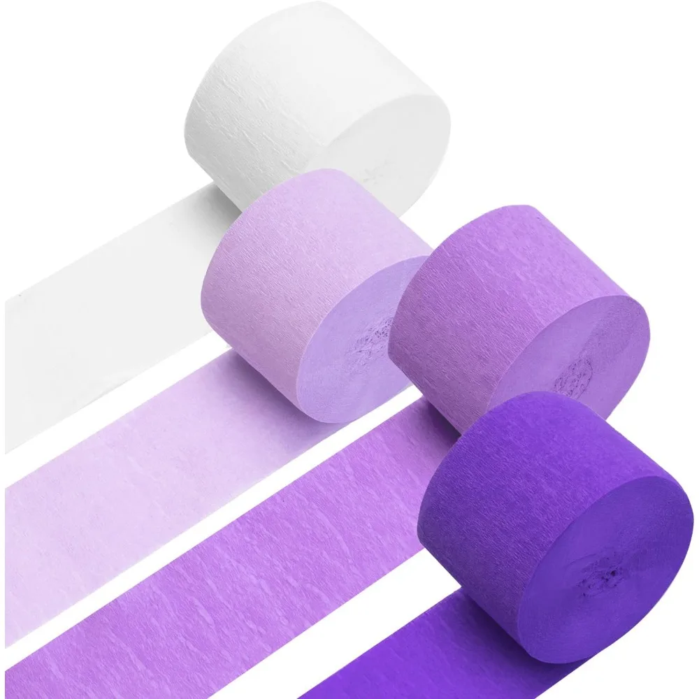 Banderas de papel crepé, 4 rollos de 328 pies, paquete de 3 serpentinas únicas de fiesta moradas y blancas para cumpleaños, boda, ceremonia, Baby Shower