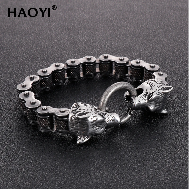 Vintage Rock and Roll Stainless Steel Men's Bracelet Heavy Bike Chain Wolf Head Bracelets For Men Massive Male Biker Jewelry