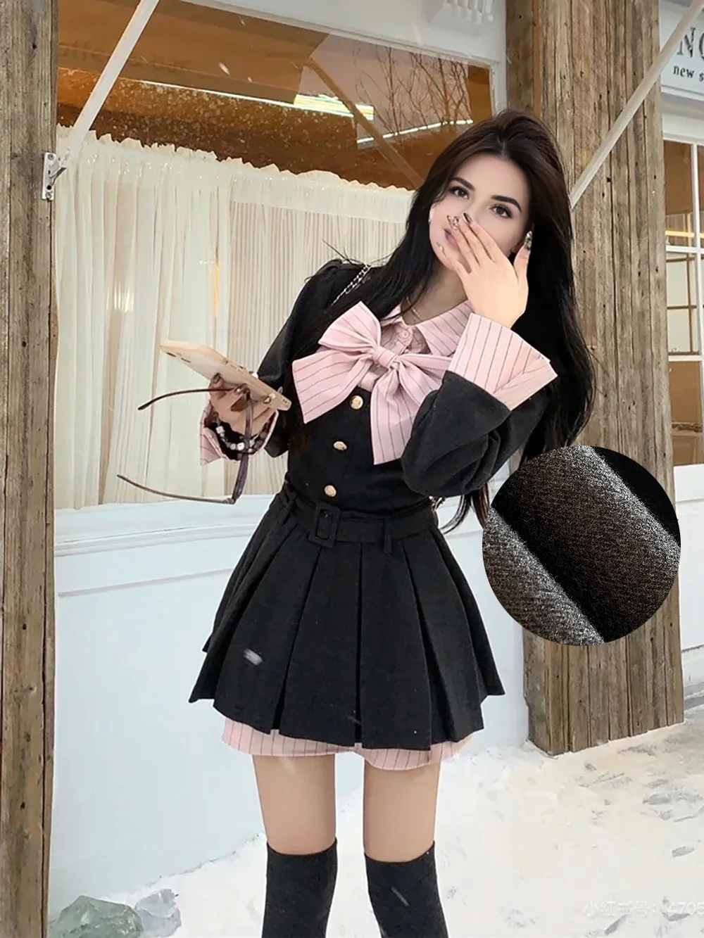 2024 Fall Winter Women Aesthetic Black Pink Bow Dresses Cutecore Preppy Style Mini Pleated Skirts Shoujo Kawaii Lolita Clothes