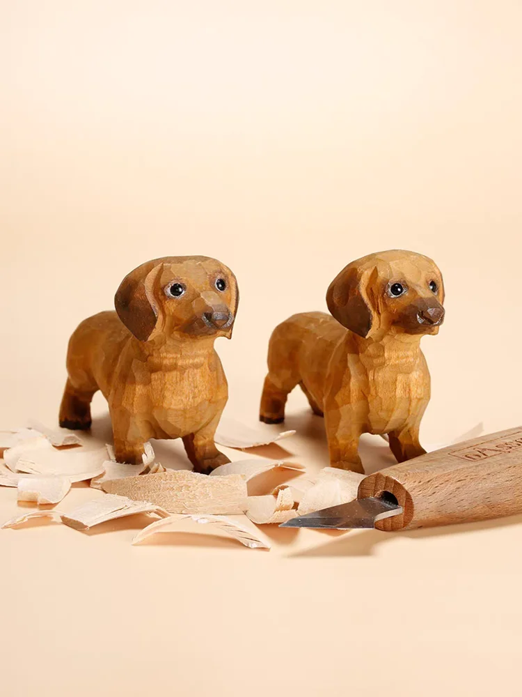 Handmade wood carving puppy ornaments desktop decoration solid wood dachshund crafts