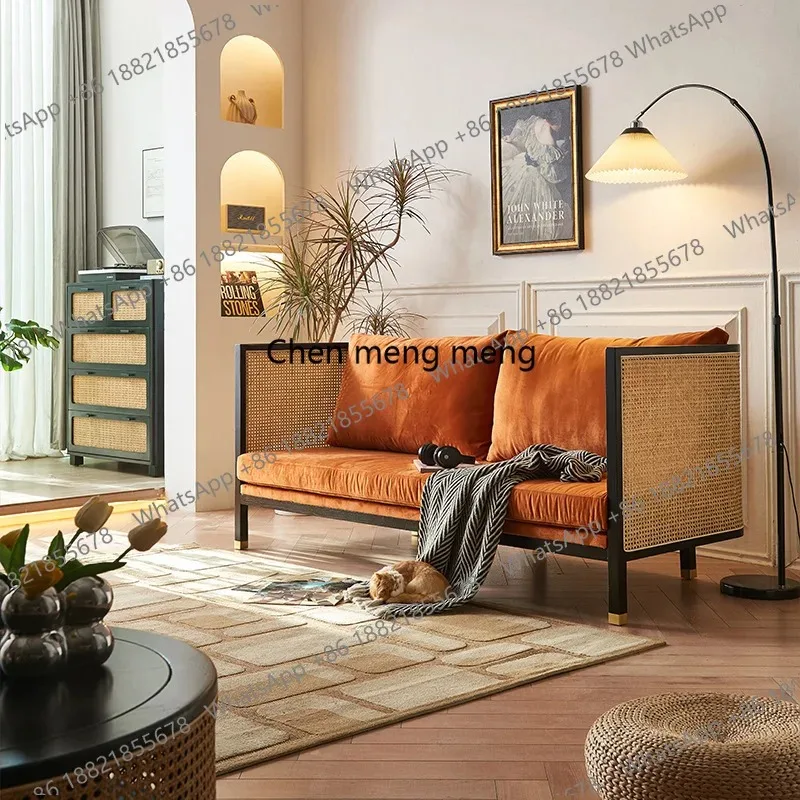 

Retro light luxury solid wood rattan sofa new Chinese living room home wabi sanfeng bed and breakfast three-person sofa ash wood