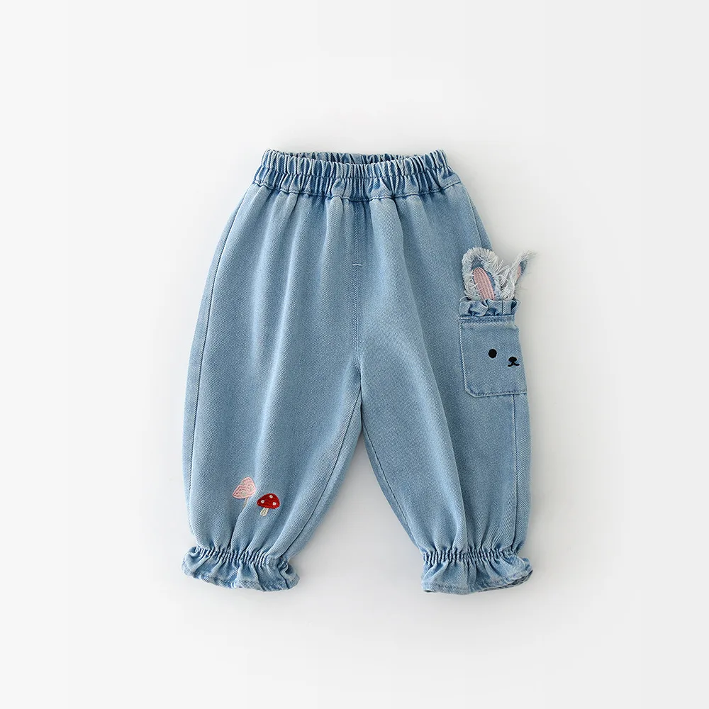 

Новые осенние джинсы с эластичной резинкой на талии для маленьких девочек, От 0 до 3 лет, детские джинсовые штаны с милым мультяшным кроликом, свободные повседневные брюки для малышей