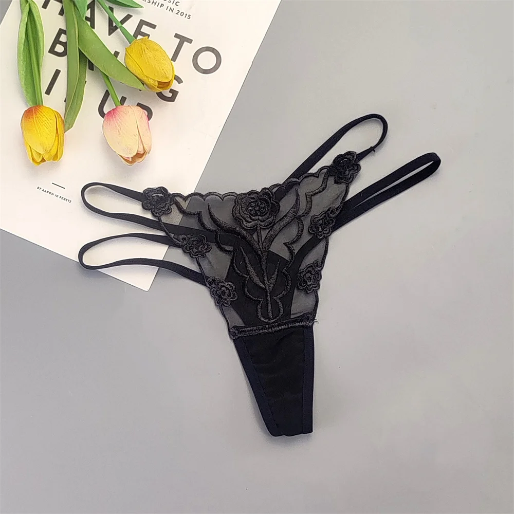 2 ks výšivky květiny sexy dámské tanga dvojitý tenký pásek průhledná síťovina tangá bezešvé spodní prádlo plus velikost - náhled 3
