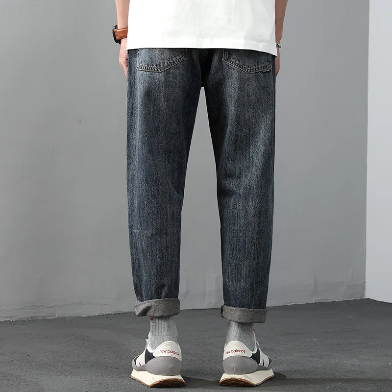 High quality long baggy jeans for men plus size stone wash cotton denim vintage casual trousers new 2024 clothing - blue