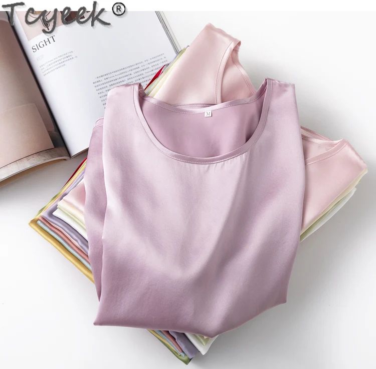 Tcyeek 100% Real Mulberry Silk Tops for Women Clothes 2024 Women\'s Tees Solid Color White T-shirt Spring Summer T-shirts O-neck