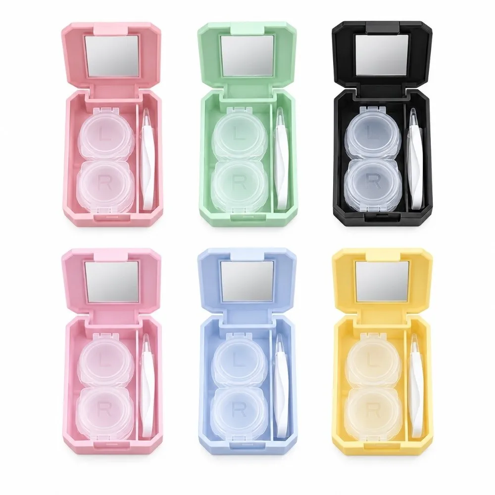 Cute Portable Contact Lenses Box Mini with Mirror Contact Lens Case Solid Colored Storage Box Daily Use