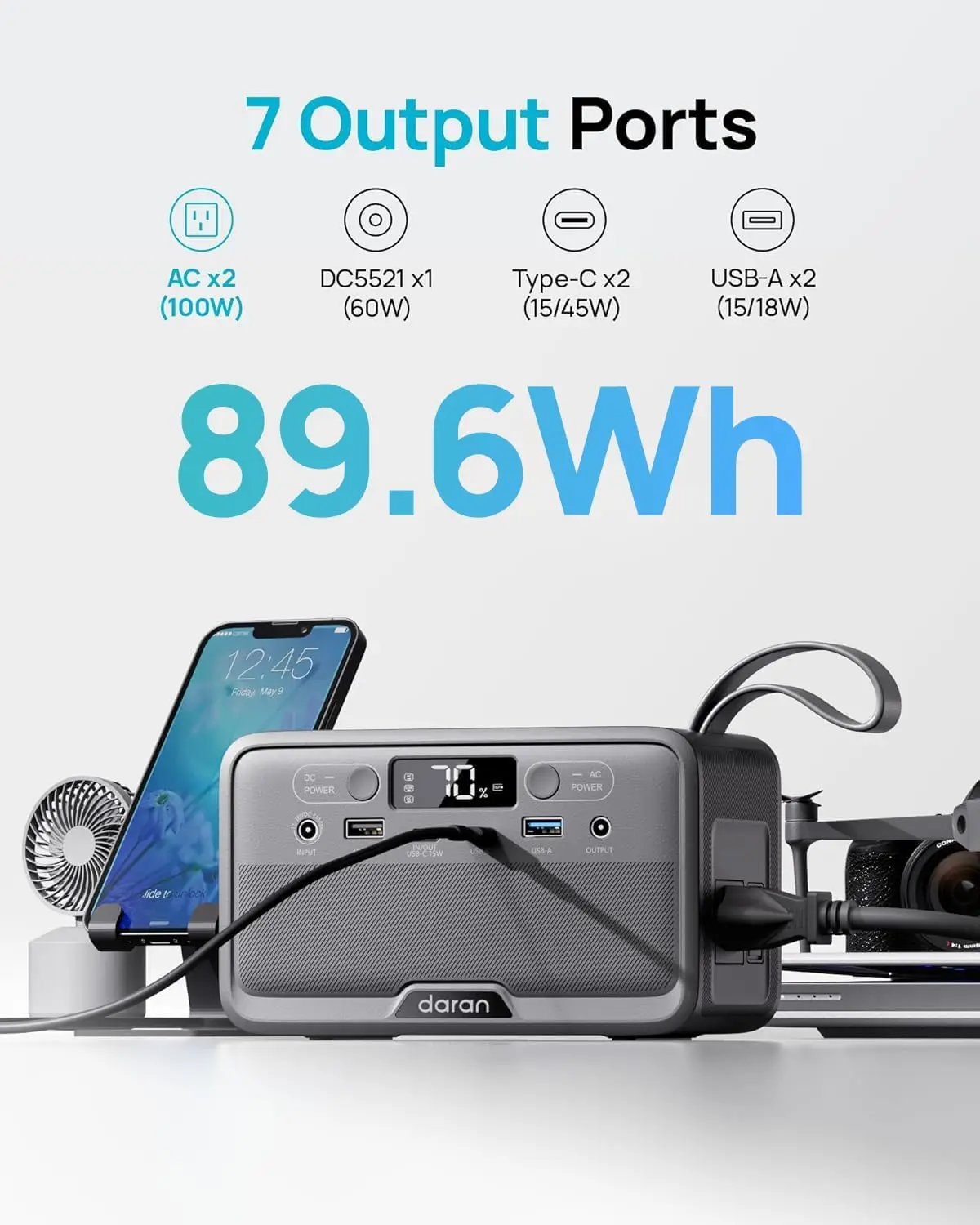 Daranener  NEOX  Portable Power Station 192Wh, 300W AC Output, 2 AC Outlets, 60W USB-C PD, Fast Charging, Solar/Car/AC Recharge, Lightweight 5.84 lbs, BMS Protection for Camping, RV, Travel & Emergency Backup