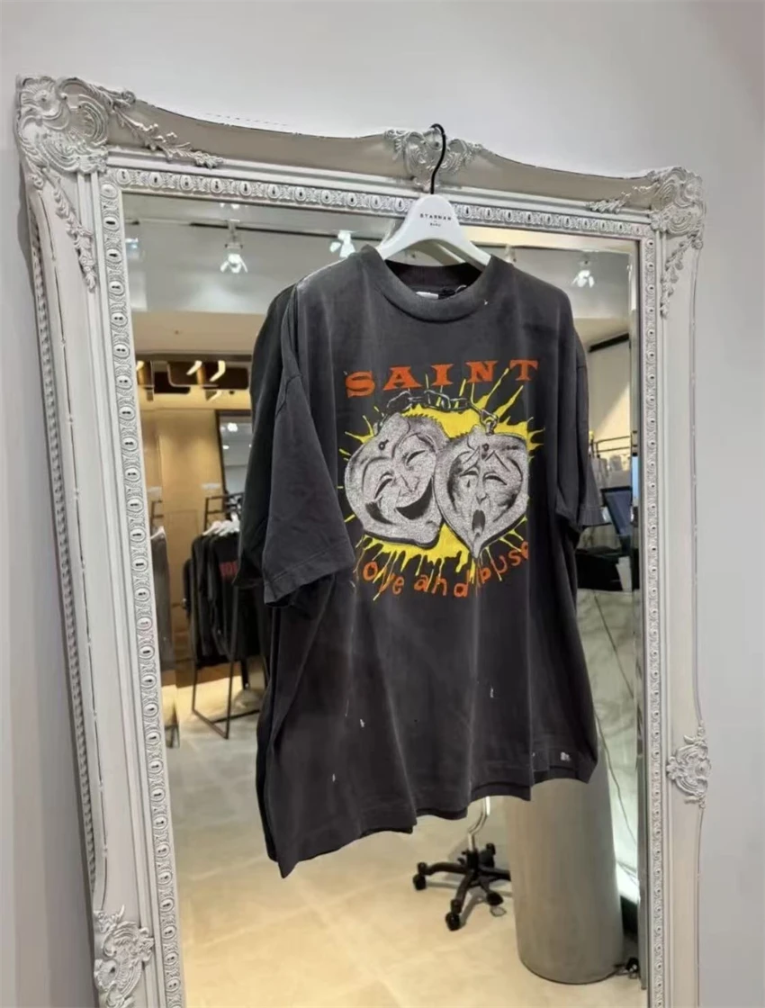 High Quality Vintage SAINT Washed Creative MASK Pattern Printed Pure Cotton Short Sleeved Street Versatile Oversize T-shirt Men