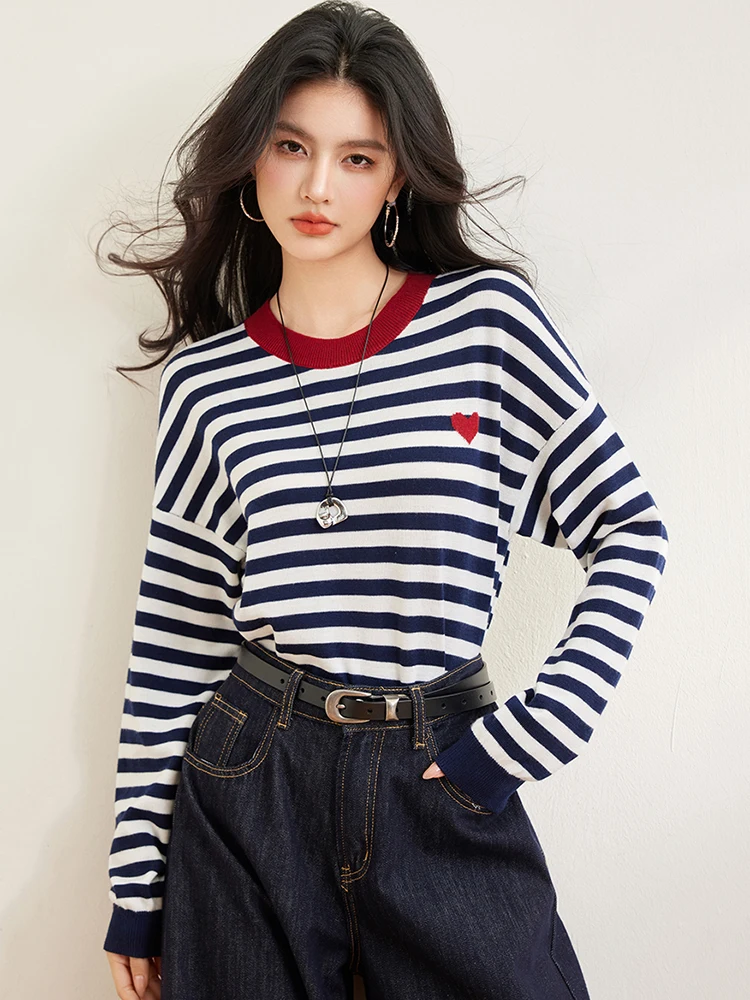 Damski luźny sweter z dzianiny w paski O-Neck z długim rękawem swetry z dzianiny eleganckie topy moda kobiece topy na co dzień