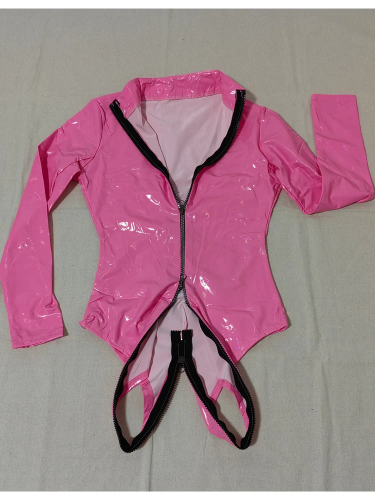 Wet Look PVC Long Sleeve Catsuit Shiny PU Leather Two Way Zipper Crotch Bodysuit Tights Body Teddies Leotard Swimsuit One Piece