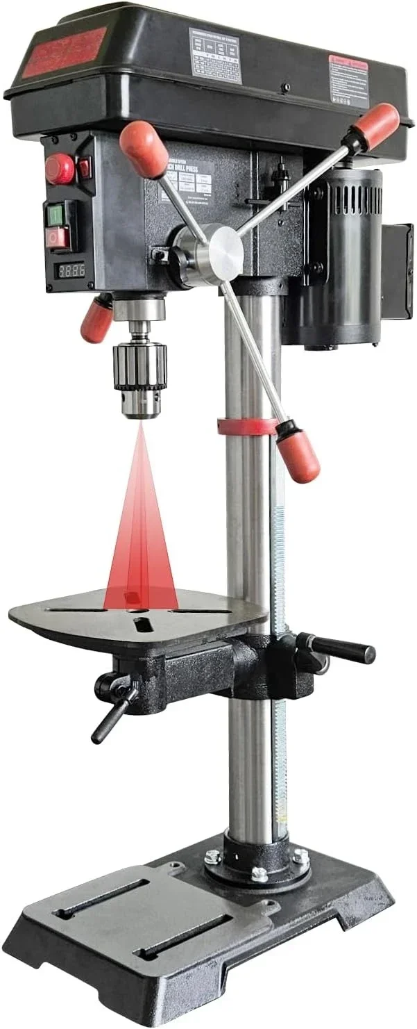 12 Inch 6 Pole Variable Speed Drill Press, 360–2000RPM with laser and worklight for wood and metalworking