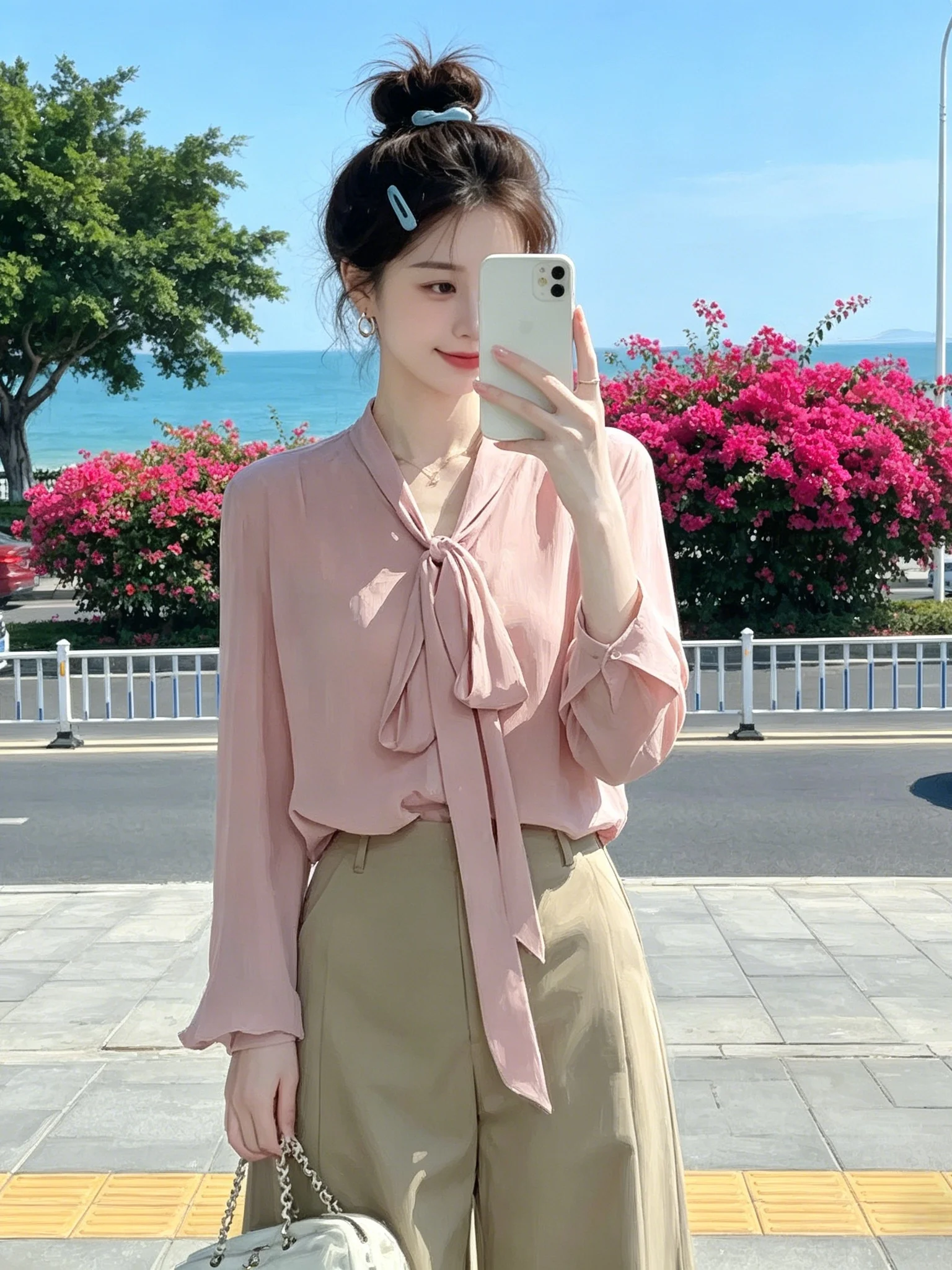 Pink Bow Tie V-Neck Long Sleeve Shirt Women's Spring Summer Unique Beautiful Loose Sun Protection Top Korean Style Commute Wind
