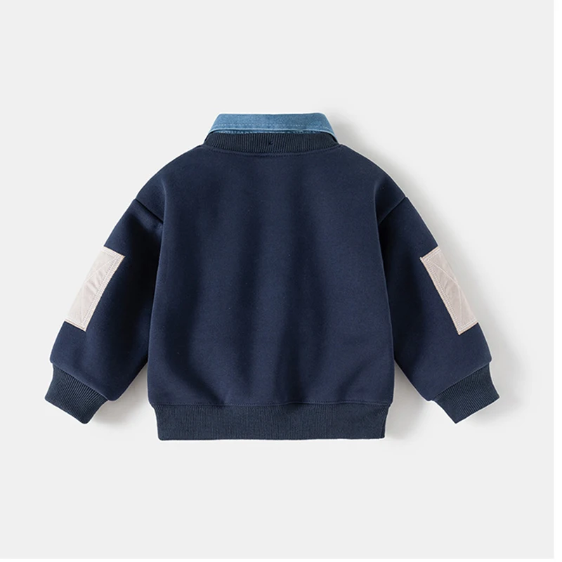 Autumn Winter Ghildren Clothings Boys Layered Fleece Sweatshirt Denim Collar Patch Pocket Warm Pullover Kids Casual Top