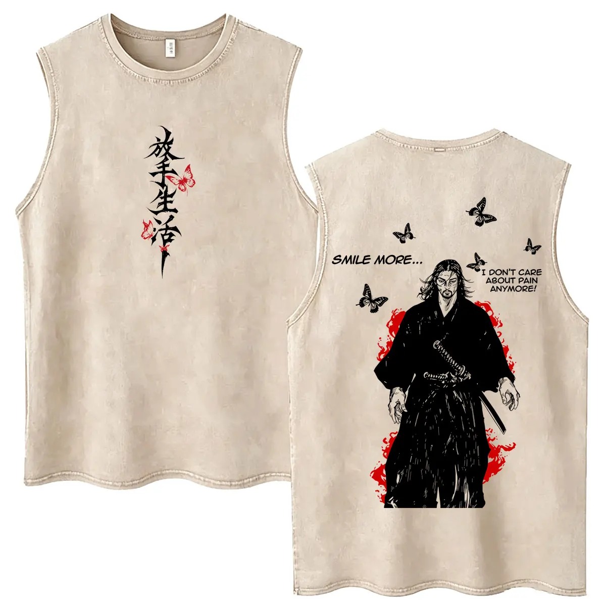 Anime Vagabond Miyamoto Musashi Butterfly Vintage Washed Tank Tops Men Women Casual Harajuku Oversized Sleeveless Vest T-shirt
