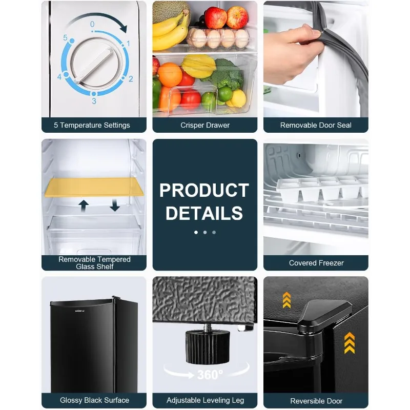 Upstreman 3.2 Cu.Ft Mini Fridge with Freezer, Single Door Mini Fridge,Dorm Fridge,Adjustable Thermostat, Mini Refrigerator Black