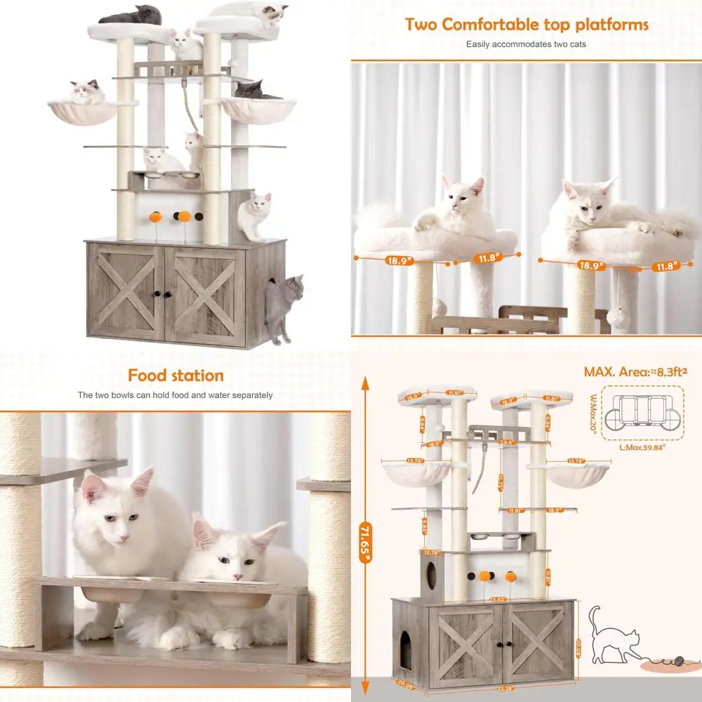 

72-inch Tall Wooden Maine Coon Cat Tree with Litter Box Enclosure for Large Indoor Cats