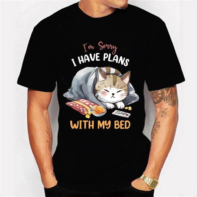 I\'m Sorry I Have Plans with My Bed Graphic T Shirts Funny Lazy Cat Tshirt Tops Fashion Harajuku T-shirts Women Men Brand T-shirt