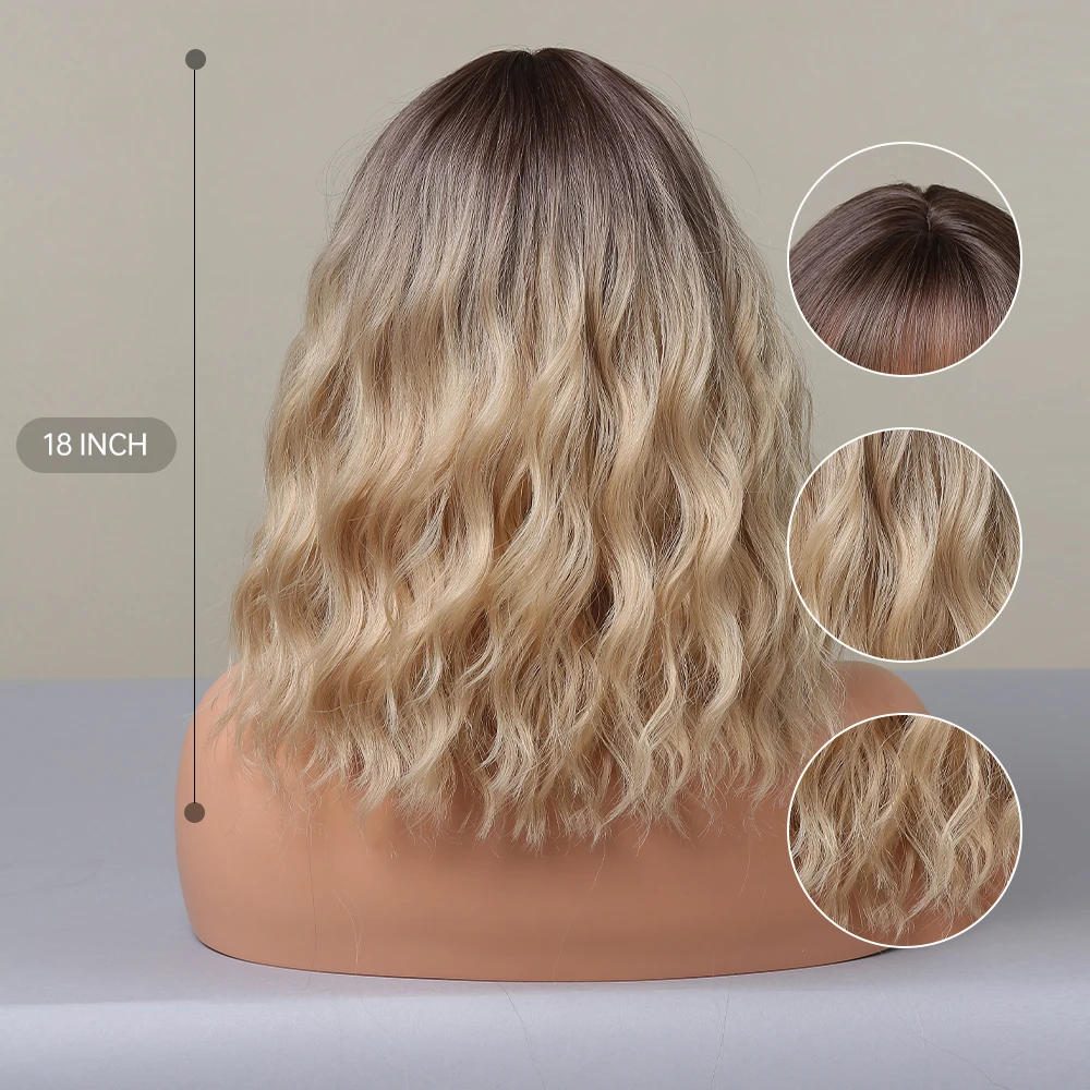 HAIRCUBE krótkie faliste syntetyczne peruki Bobo z grzywką dla kobiet Ombre brązowy blond naturalne peruki żaroodporne codzienne włosy Cosplay