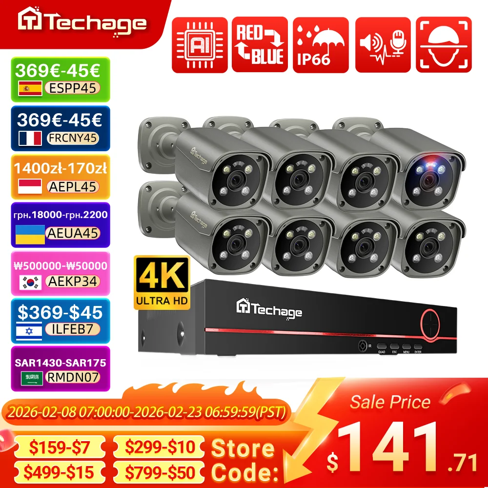 Techage 4K 보안 카메라 시스템 울트라 HD 8MP POE NVR 양방향 오디오 얼굴 감지 컬러 야간 투시경 CCTV ...