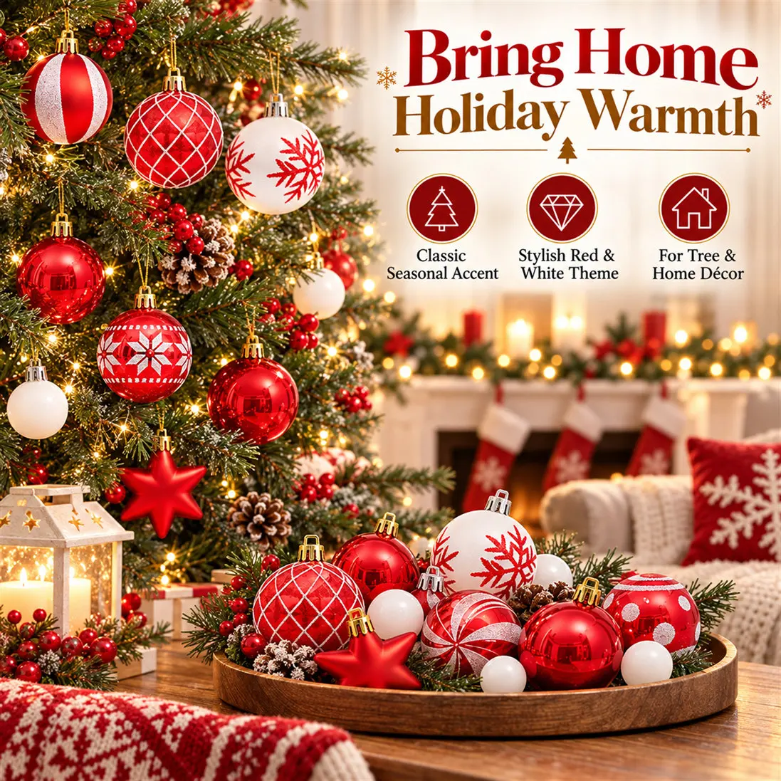42 Pcs Christmas Ball Ornaments Set Red White 6cm Shatterproof Plastic Xmas Tree Baubles Hanging Decor for Holiday Party Home Garden Navidad view 5
