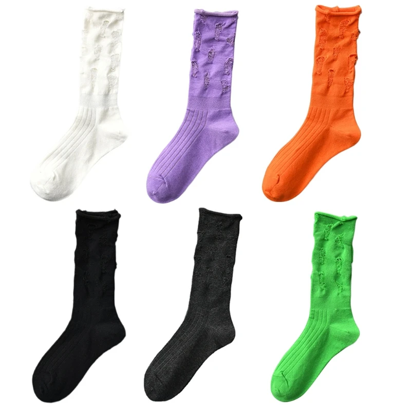 

Women Gothic Punk Ripped Hole Calf Socks Harajuku Bright Solid Color Distressed Destroyed Personality Cut-Out Middle Tube