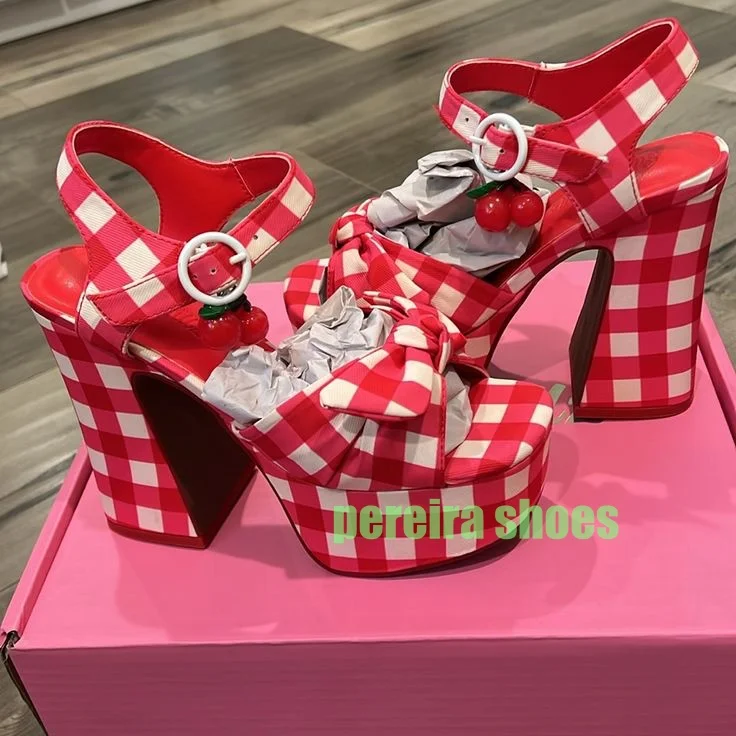 

Lady Cherry Design Cute Mary Janes Platform Plaid Sandals Chunky Heel Sexy Slingback Summer High Heels Pumps Open Toe Sandals 46
